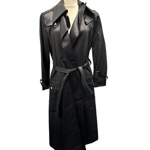 Women's 1980s Lord & Taylor Black Satin Belted Trench Coat With Red Lining Size